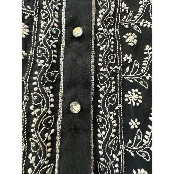Graham Kandiah NY Embellished Long Sleeve Tunic Flowy Black White Top Size Large - Picture 15 of 16